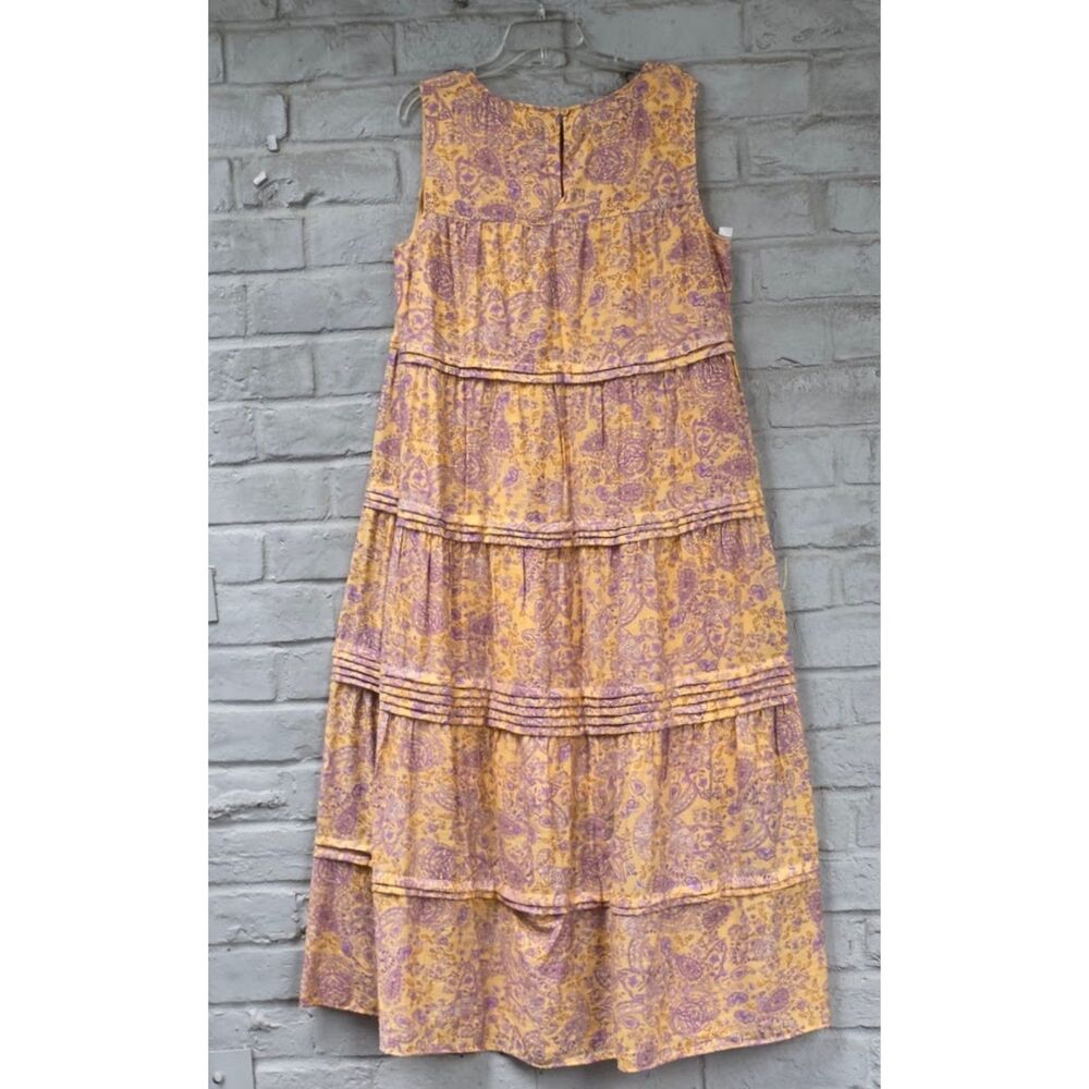 J. Jill Yellow Purple Paisley Tiered Maxi Dress Pleated Sleeveless XL Tall - Picture 3 of 9